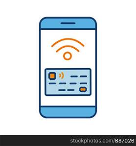 NFC smartphone signal color icon. NFC phone. Near field communication. Mobile phone contactless payment. Telephone screen with credit card. Isolated vector illustration. NFC smartphone signal color icon