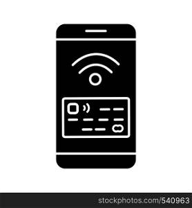 NFC smartphone signal glyph icon. NFC phone. Silhouette symbol. Mobile phone contactless payment. Telephone screen with credit card. Negative space. Vector isolated illustration. NFC smartphone signal glyph icon