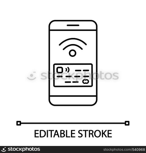 NFC smartphone signal linear icon. NFC phone. Thin line illustration. Phone contactless payment. Telephone screen with credit card. Contour symbol. Vector isolated outline drawing. Editable stroke. NFC smartphone signal linear icon