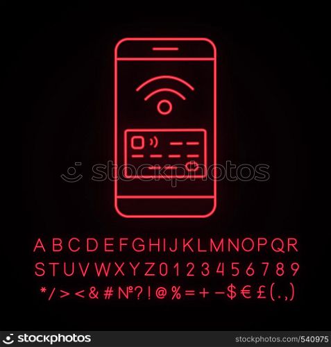 NFC smartphone signal neon light icon. NFC phone. Mobile phone contactless payment. Telephone screen with credit card. Glowing sign with alphabet, numbers and symbols. Vector isolated illustration. NFC smartphone signal neon light icon