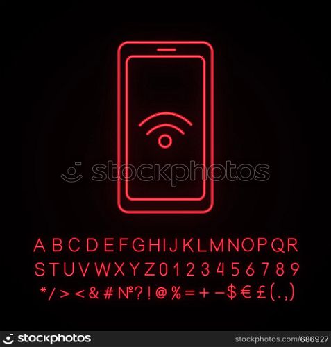 NFC smartphone signal neon light icon. NFC phone. Near field communication. Mobile phone contactless payment. Glowing sign with alphabet, numbers and symbols. Vector isolated illustration. NFC smartphone signal neon light icon