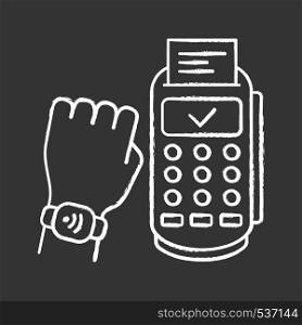 NFC smartwatch chalk icon. Near field communication payment terminal. Smart wristwatch. Contactless payment with NFC smartwatch. Isolated vector chalkboard illustration. NFC smartwatch chalk icon
