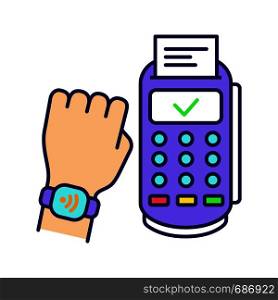 NFC smartwatch color icon. Near field communication payment terminal. Smart wristwatch. Contactless payment with NFC smartwatch. Isolated vector illustration. NFC smartwatch color icon