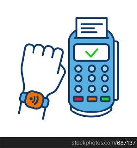 NFC smartwatch color icon. Near field communication payment terminal. Smart wristwatch. Contactless payment with NFC smartwatch. Isolated vector illustration. NFC smartwatch color icon