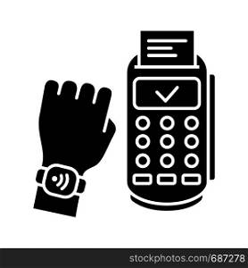 NFC smartwatch glyph icon. Near field communication payment terminal. Silhouette symbol. Smart wristwatch. Contactless payment with NFC smartwatch. Negative space. Vector isolated illustration. NFC smartwatch glyph icon