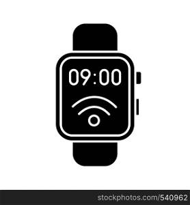 NFC smartwatch glyph icon. Near field communication. Smart wristwatch. Contactless technology. Silhouette symbol. Negative space. Vector isolated illustration. NFC smartwatch glyph icon