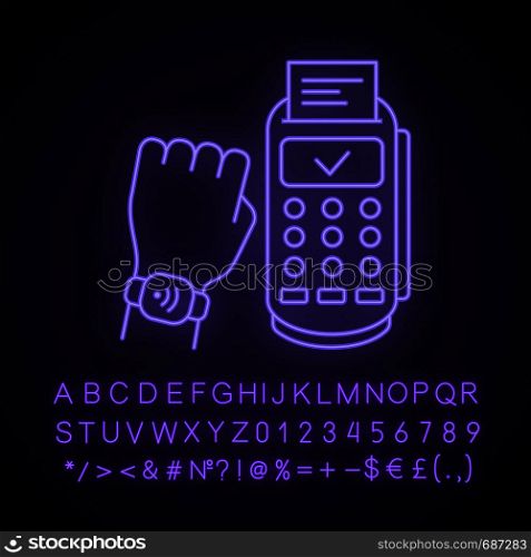 NFC smartwatch neon light icon. Near field communication payment terminal. Glowing sign with alphabet, numbers and symbols. Smart wristwatch. Contactless payment with NFC. Vector isolated illustration. NFC smartwatch neon light icon