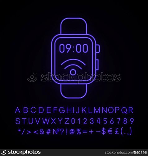 NFC smartwatch neon light icon. Near field communication. Smart wristwatch. Contactless technology. Glowing sign with alphabet, numbers and symbols. Vector isolated illustration. NFC smartwatch neon light icon