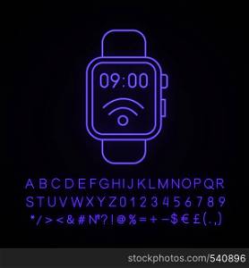 NFC smartwatch neon light icon. Near field communication. Smart wristwatch. Contactless technology. Glowing sign with alphabet, numbers and symbols. Vector isolated illustration. NFC smartwatch neon light icon