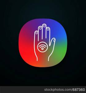 NFC sticker on hand app icon. Near field communication. RFID sticker. UI/UX user interface. NFC tag. Contactless technology. Web or mobile application. Vector isolated illustration. NFC sticker on hand app icon