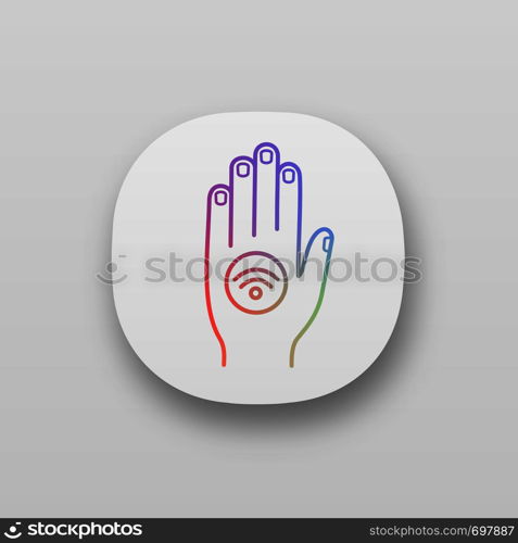 NFC sticker on hand app icon. Near field communication. RFID sticker. UI/UX user interface. NFC tag. Contactless technology. Web or mobile application. Vector isolated illustration. NFC sticker on hand app icon