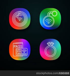 NFC technology app icons set. Near field chip, trinket, identification system, ring. UI/UX user interface. Web or mobile applications. Vector isolated illustrations. NFC technology app icons set