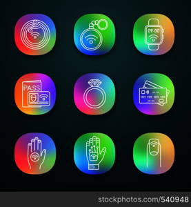 NFC technology app icons set. Near field chip, trinket, smartwatch, identification system, ring, credit card, sticker, hand implant, manicure. UI/UX user interface. Vector isolated illustrations. NFC technology app icons set