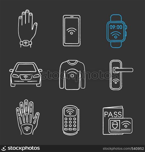 NFC technology chalk icons set. Near field bracelet, smartphone, credit card, car, clothes, door lock, hand implant, POS terminal, identification system. Isolated vector chalkboard illustrations. NFC technology chalk icons set
