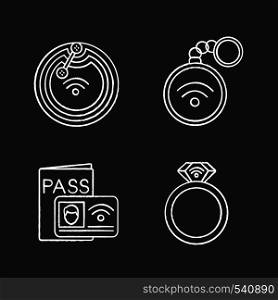 NFC technology chalk icons set. Near field chip, trinket, identification system, ring. Isolated vector chalkboard illustrations. NFC technology chalk icons set
