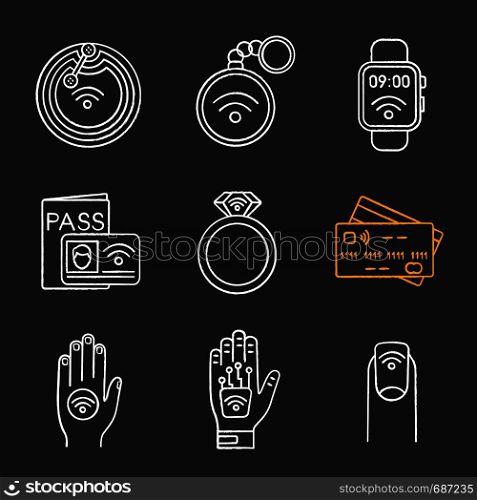 NFC technology chalk icons set. Near field chip, trinket, smartwatch, identification system, ring, credit card, sticker, hand implant, manicure. Isolated vector chalkboard illustrations. NFC technology chalk icons set