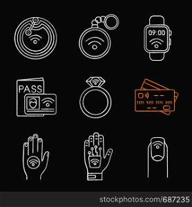 NFC technology chalk icons set. Near field chip, trinket, smartwatch, identification system, ring, credit card, sticker, hand implant, manicure. Isolated vector chalkboard illustrations. NFC technology chalk icons set