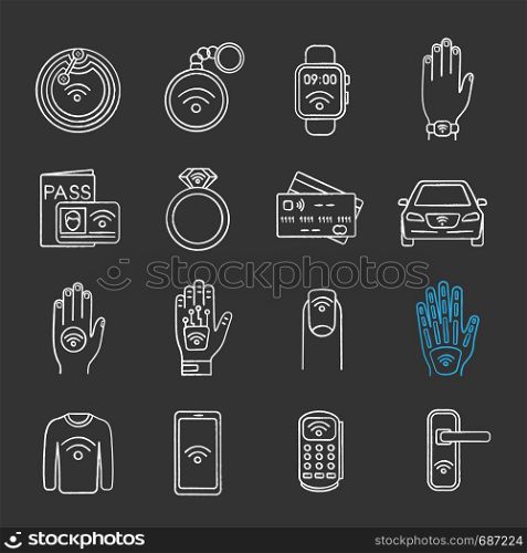 NFC technology chalk icons set. Near field communication. RFID and nfc tag, sticker, phone, trinket, ring, implant. Contactless technology. Isolated vector chalkboard illustrations. NFC technology chalk icons set