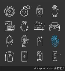 NFC technology chalk icons set. Near field communication. RFID and nfc tag, sticker, phone, trinket, ring, implant. Contactless technology. Isolated vector chalkboard illustrations. NFC technology chalk icons set