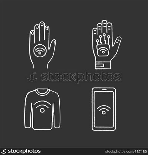 NFC technology chalk icons set. Near field hand sticker, implant, clothes, smartphone. Isolated vector chalkboard illustrations. NFC technology chalk icons set