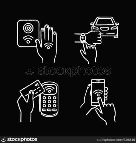 NFC technology chalk icons set. Near field smartphone, car and bracelet, payment terminal, reader. Isolated vector chalkboard illustrations. NFC technology chalk icons set