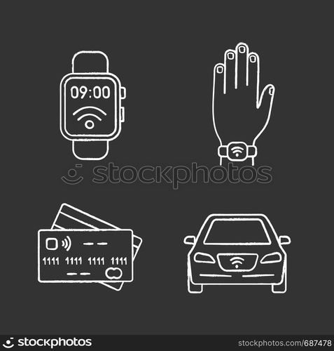 NFC technology chalk icons set. Near field smartwatch, bracelet, credit cards, car. Isolated vector chalkboard illustrations. NFC technology chalk icons set