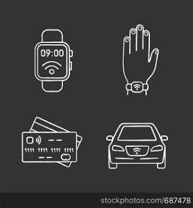 NFC technology chalk icons set. Near field smartwatch, bracelet, credit cards, car. Isolated vector chalkboard illustrations. NFC technology chalk icons set