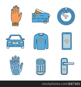NFC technology color icons set. Near field bracelet, credit cards, chip, car, clothes, smartphone, hand implant, POS terminal, door lock. Isolated vector illustrations. NFC technology color icons set