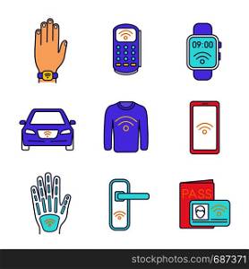 NFC technology color icons set. Near field bracelet, POS terminal, smartwatch, car, clothes, smartphone, hand implant, door lock, identification system. Isolated vector illustrations. NFC technology color icons set