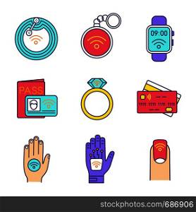 NFC technology color icons set. Near field bracelet, smartphone, hand implant, car, clothes, door lock, POS terminal, credit card. Isolated vector illustrations. NFC technology color icons set