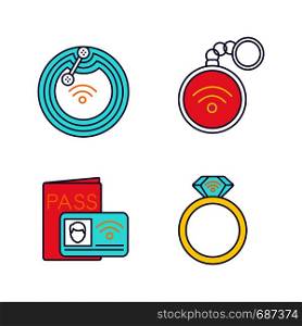 NFC technology color icons set. Near field chip, trinket, identification system, ring. Isolated vector illustrations. NFC technology color icons set