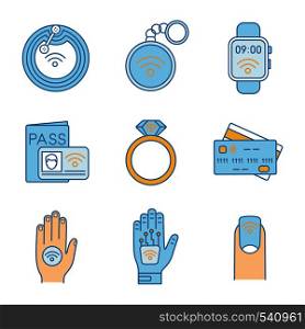 NFC technology color icons set. Near field chip, trinket, smartwatch, identification system, ring, credit card, sticker, hand implant, manicure. Isolated vector illustrations. NFC technology color icons set
