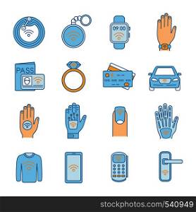 NFC technology color icons set. Near field communication. RFID and nfc tag, sticker, phone, trinket, ring, implant. Contactless technology. Isolated vector illustrations. NFC technology color icons set