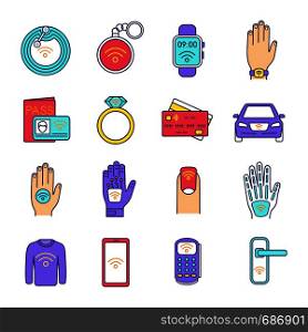 NFC technology color icons set. Near field communication. RFID and nfc tag, sticker, phone, trinket, ring, implant. Contactless technology. Isolated vector illustrations. NFC technology color icons set