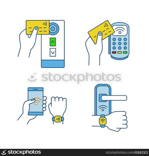 NFC technology color icons set. Near field credit card reader, payment terminal, smartphone and bracelet, door lock. Isolated vector illustrations. NFC technology color icons set