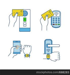 NFC technology color icons set. Near field credit card reader, payment terminal, smartphone and bracelet, door lock. Isolated vector illustrations. NFC technology color icons set
