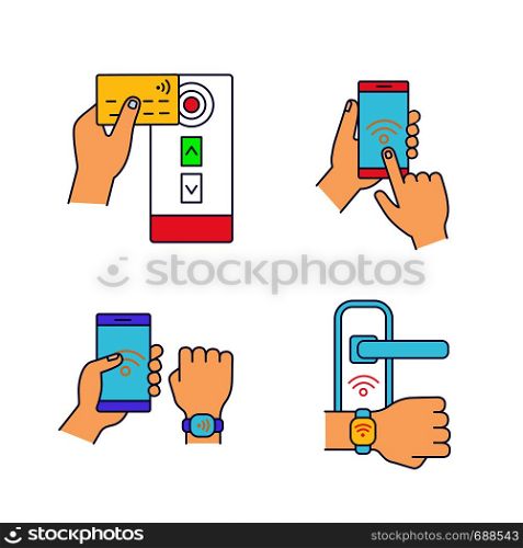 NFC technology color icons set. Near field credit card reader, smartphone, bracelet, door lock. Isolated vector illustrations. NFC technology color icons set