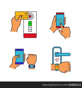 NFC technology color icons set. Near field credit card reader, smartphone, bracelet, door lock. Isolated vector illustrations. NFC technology color icons set