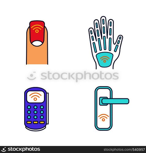 NFC technology color icons set. Near field manicure, hand implant, POS terminal, door lock. Isolated vector illustrations. NFC technology color icons set