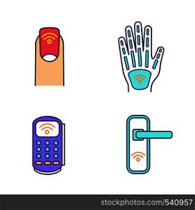 NFC technology color icons set. Near field manicure, hand implant, POS terminal, door lock. Isolated vector illustrations. NFC technology color icons set