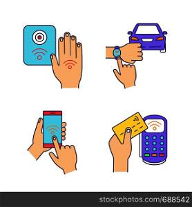 NFC technology color icons set. Near field smartphone, car and bracelet, payment terminal, reader. Isolated vector illustrations. NFC technology color icons set