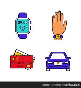 NFC technology color icons set. Near field smartwatch, bracelet, credit cards, car. Isolated vector illustrations. NFC technology color icons set