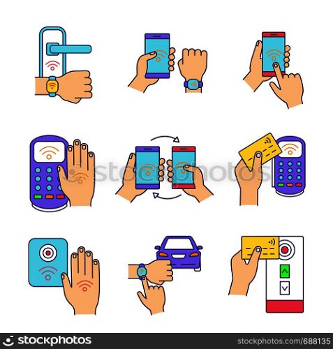NFC technology color icons set. NFC bracelet, door lock, data transfer, smartphone, car. Near field communication. Contactless payment. Isolated vector illustrations. NFC technology color icons set