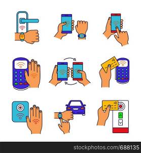 NFC technology color icons set. NFC bracelet, door lock, data transfer, smartphone, car. Near field communication. Contactless payment. Isolated vector illustrations. NFC technology color icons set