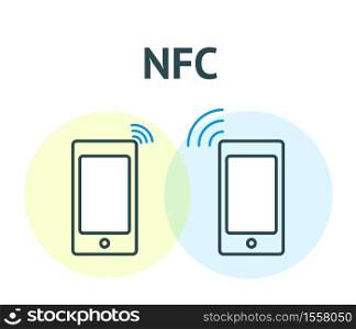 NFC technology concept. Two Smartphones with radio waves. Vector illustration isolated on white background.