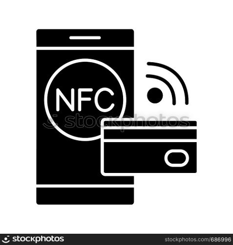 NFC technology glyph icon. Near field communication. Contactless payment. Cashless smartphone payment. Silhouette symbol. Negative space. Vector isolated illustration. NFC technology glyph icon