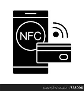 NFC technology glyph icon. Near field communication. Contactless payment. Cashless smartphone payment. Silhouette symbol. Negative space. Vector isolated illustration. NFC technology glyph icon