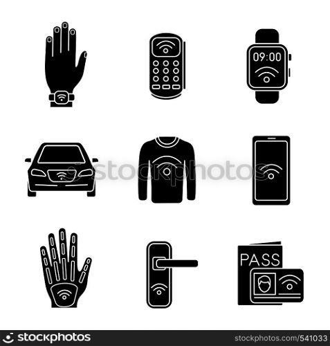 NFC technology glyph icons set. Near field bracelet, POS terminal, smartwatch, car, clothes, smartphone, implant, door lock, identification system. Silhouette symbols. Vector isolated illustration. NFC technology glyph icons set