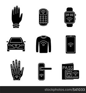 NFC technology glyph icons set. Near field bracelet, POS terminal, smartwatch, car, clothes, smartphone, implant, door lock, identification system. Silhouette symbols. Vector isolated illustration. NFC technology glyph icons set