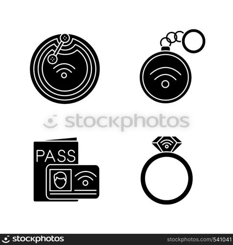 NFC technology glyph icons set. Near field chip, trinket, identification system, ring. Silhouette symbols. Vector isolated illustration. NFC technology glyph icons set